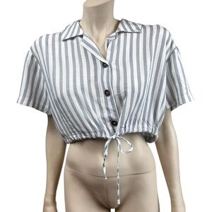 Aakaa‎ Blue Striped Button Front Tie Front Blouse